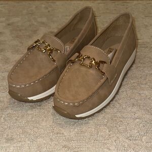 Amazon Tan Loafers with Gold Chain Detail